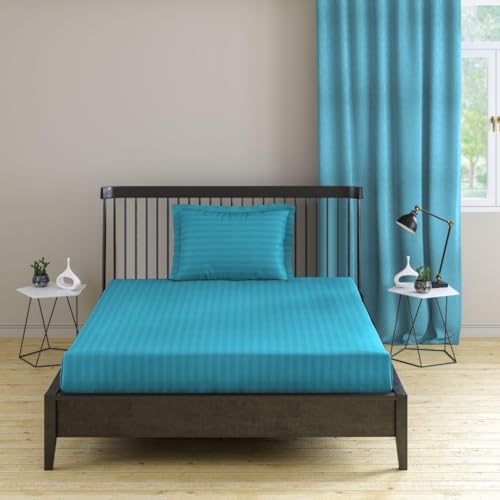 Roman Cotton Satin Stripes Elastic Fitted Plain Double Bedsheet King Size with Two Pillow Covers for Home/Hotels/Guest House - Size 72"x78"x6" (Aqua)