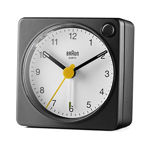 Braun Classic Analogue Travel Alarm Clock with Snooze Function and Light, Compact Size, Quiet Quartz Movement, Crescendo Alarm, Black and White Model BC02XBW