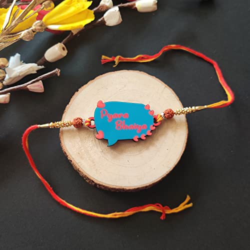 Bhai Please Pyara Bhai Wooden Rakhi with Brother is Superhero Fridge Magnet (Gift Combo for Bhai / Bhaiya) | Set of 1 pc Rakhi with Roli- Chawal and Fridge Magnet | With Raksha Bandhan Greetings