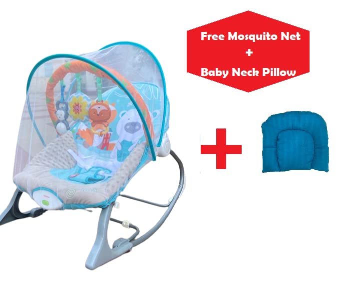 INFANTSO Baby Rocker Portable Including Free Mosquito Net & U Shape Pillow with Calming Vibrations & Musical Toy Blue