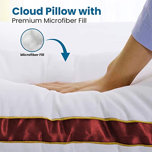 Sleepsia Microfiber Bed Pillow for Sleeping | Down Alternative Ultrasoft Cotton Washable Pillow with Satin Gusset | Soft Pillow with Red Decorative Stripes | Queen (Pack of 4)