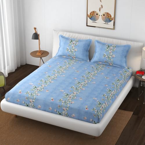 VAINE Premium Heavy Cotton Elastic Fitted Bedsheets with 2 King Size Pillow Covers || Double Bed with All Around Elastic 350 TC || 72 x 78 Inch King Size Fitted |-Sky Leaf