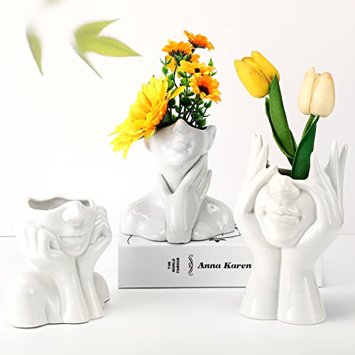 3 Pcs Ceramic Face Vase Female Form Vase Modern Body Vase Decorative Head Vase Head Half Body Bust Vases Face Flower Vases for Decor Centerpiece Home Bedroom Room Table Shelf Office (White, Large)