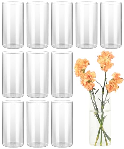 PORPAN Glass Cylinder Vases, Glass Vases for Centerpieces 12 Pack, Hurricane Glass Candle Holders, Clear Vases for Centerpieces, Glass Vases for Flowers, Weddings, Floating Candles, Tables, 6" Tall