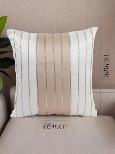 Gifts Island Set Of 5 Cream & Beige Polyester Silk Gold-Tone Striped Square Cushion Covers 16 Inch X 16 Inch (40.64 X 40.64 Cm, Cream), 350 TC