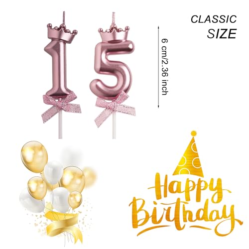 AOOLADA 15th Birthday Candles, Rose Gold 3D Number 15 Happy Birthday Candle with Crown, Cake Topper Decorations for Teenagers Boys Girls