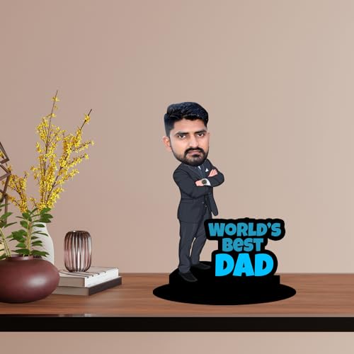 Prints Club Customised Caricature World's Best Dad Personalized Gifts for Friends & Family 8inch with Cusomised Wooden Base