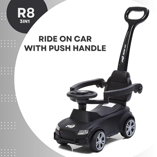 Fun Ride Car Ride On - R8 3-in-1 for Kids with Parent Handle, Music, Light, Backrest & Storage - 1 to 3 Years, Kids Indoor/Outdoor Toy Car for Boys and Girls- (Upto 20 Kg) (Black)