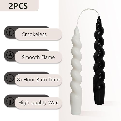 Spiral Taper Candles Unscented Candlesticks - 7 Inch Tapered Candle Twisted Candlesticks Smokeless Candle Stick for Holiday Wedding Party Dinner Table Decoration, White & Blcak