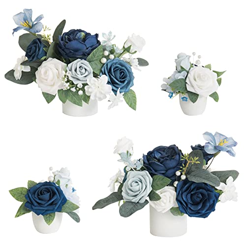 Ling's Moment Wedding Centerpiece Flower with Vase for Ceremony/Reception Tabletop Mantel Archway Aisle, Set of 4|Dusty Blue & Navy