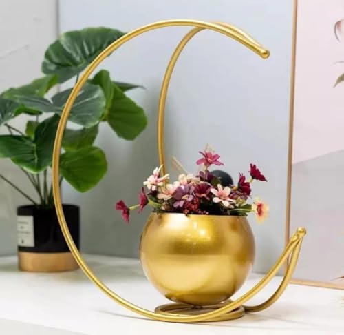 DECOMARK Metal Geometric Design Flower Vase with Gold Finish | Table Decorative Round Shape Flower Pot Moon Flower Vase | Size: 22X22 CM