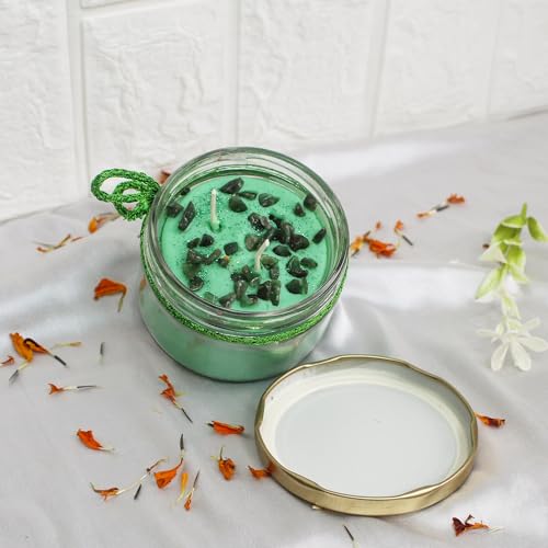 Arka Surya Crystals Hand Poured Green Jade Scented Glass Jar Candle for Health Manifetation