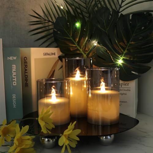 AQUIDAN Set of 3 Clear Grey Glass Flameless Candles with Remote and Timer, Real Wax Tamped Battery Operated LED Pillar Candles with Flickering 3D Flame Color Transparent : Grey