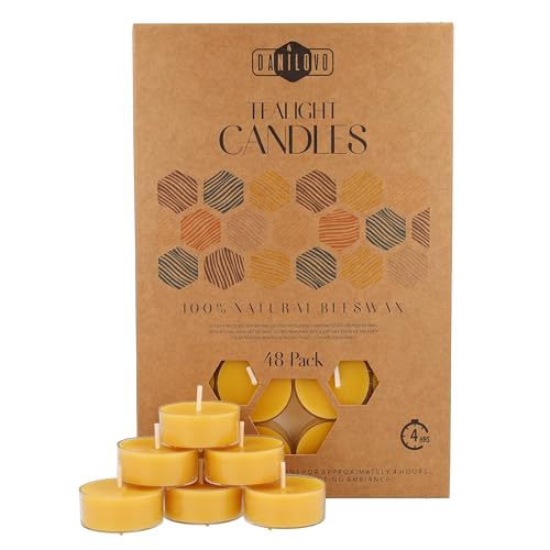 100% Beeswax Candles – Beeswax Tealight Candles with Cotton Wicks – 4 Hour Burn Time –48 Piece Beeswax Candle Set – Beeswax Votive Candles with Recycled Plastic – Pure Beeswax Candles by Danilovo