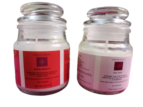 Tea Tree & Strawberry 2X100 GMS Each,Pack of 02,Organic Hand Made 100% Soy Wax,Aromatic Fragrance up to 25Hrs,Best Gift, Scented Candles for Home Decor