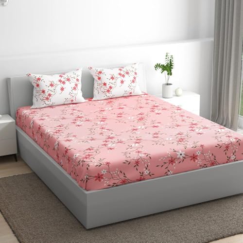 100% Cotton 152 TC Fitted Bedsheet with 2 Pillow Covers | Sakura Queen, 72" x 60", Sakura| 1.83m x 1.52m