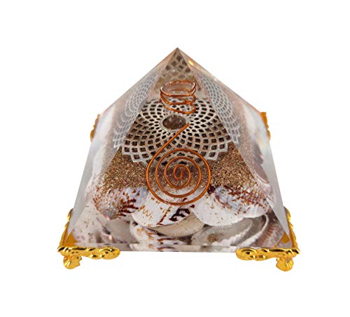 White Whale Shankh Orgone Pyramid Energy Generator Reiki Healing Crystal Chakra with Gold Stand Feng Shui Pyramid