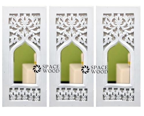 SPACE WOOD Wood Painted Wall Hanging Jharokha Inside Mirror, Wooden Wall Hanging, Wall Panel (17x7.5,) inches Set of 3.(White), Rectangular, Framed (3 Panel White)