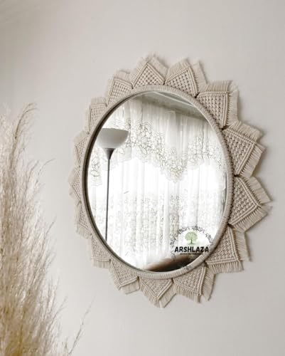 ARSHLAZA Macrame Wall Hanging with Fringe Round Mirror for Living Room, Off- White (M117)