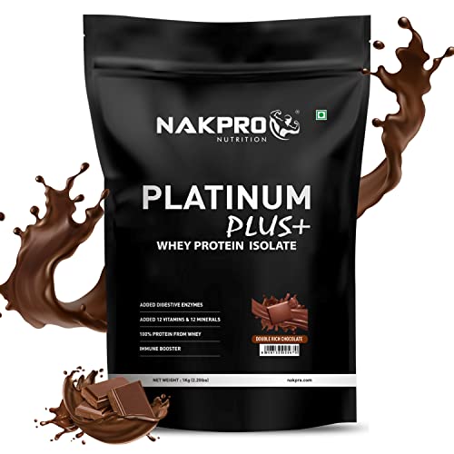 NAKPRO Platinum Plus+ Whey Protein Isolate with Digestive Enzymes | 28g Protein, 6.36g BCAA |Added Vitamins & Minerals (Double Rich Chocolate, 1 Kg)