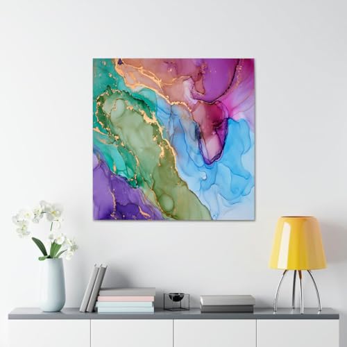 GADGETS WRAP Canvas Gallery Wrap Framed for Home Office Studio Living Room Decoration (17x17inch) - Green Purple Blue & Gold Abstract