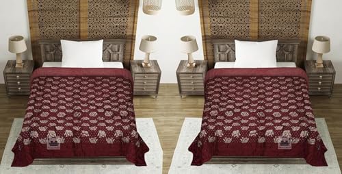 AARMOZY Cotton Filled Light Weight Silk Jaipuri AC Quilt/Razai Gold Print Jaipuriya Rajai/Razzai - (Animal Print, Maroon Elephant Single Bed Set of 2)