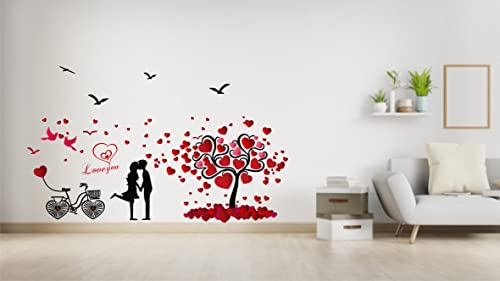 HS Décor Cute Couple loveing Hearts Tree with bycycle Birds for Home Decorative Multicolour Wall Sticker (100 Cm X 100)