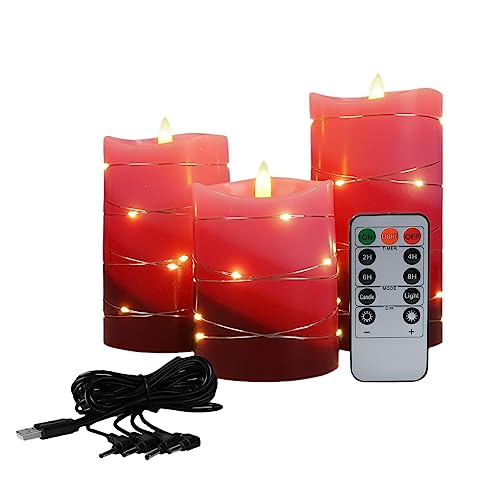 Xinhidar flameless Candle is Rechargeable, Equipped with Embedded String Lights, 3 LED Candles, 11 Key Remote Control, 24-Hour Timer Function, pulsating Flame, and Real Wax. (Gradient red)