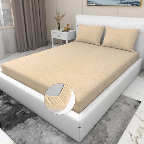 PRINDA Double Bed Elastic Fitted Bedsheet, 72 x 78 x 8 cm, Cotton Feel King Size Bedsheet with 2 Pillow Covers, White (Beige, King 72 x 78 x 8 Inches)