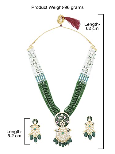 ZAVERI PEARLS Green Pink Meenakari Multistrand Beaded Long Kundan Necklace Earring & Ring Set For Women-ZPFK15624