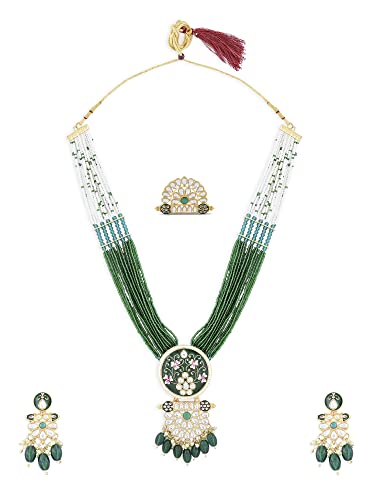 ZAVERI PEARLS Green Pink Meenakari Multistrand Beaded Long Kundan Necklace Earring & Ring Set For Women-ZPFK15624