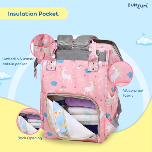 Bumtum Baby Diaper Bag for Mothers | Spacious Waterproof Backpack with Multiple Pockets to Easily Organise Baby Essentials, Various Sized Pockets (Unicon Print, Pink)