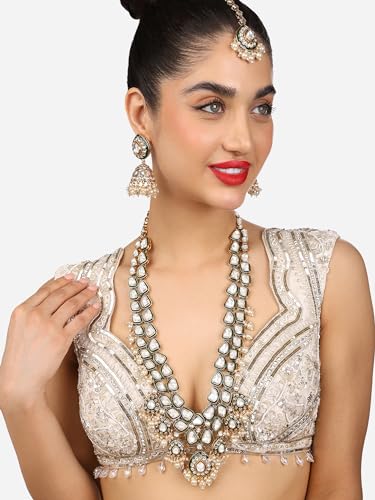 ZAVERI PEARLS Green Meenakari Kundan Bridal Long Dazzling Necklace Earring Maangtikka Set For Women-ZPFK17761