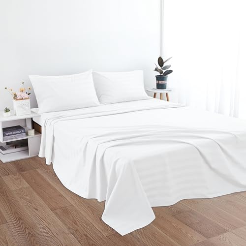 Cotton King Flat Sheet Only, 600 Thread Count 100% Egyptian Cotton Top Sheet 1Pcs, Cool & Breathable Flat Bed Sheets Wrinkle, Fade, Stain Resistant (White Stripe King)