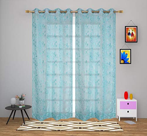 SB INDIA Polyresin Abstract Grommet Window Floral Curtain, 7 Feet, Sky Blue, Pack of 2