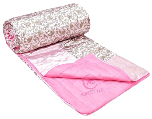 Indiafab Textiles 400 TC Jaipuri Razai Rajasthani Traditional Silk Fabric Filling Pure Cotton lightweight Rajai Quilt Bedding Jaipuri Blanket (Pink Floral, Double Bed 85 X 100, Pack of 1) (Double Bed)