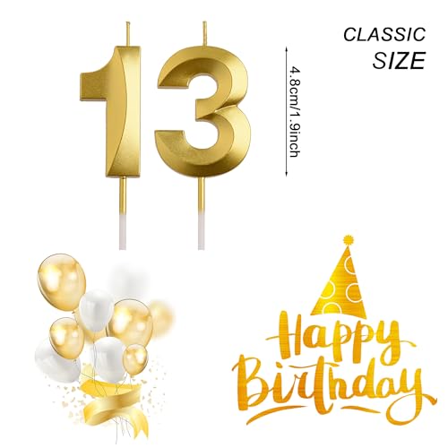 AOOLADA 13th Birthday Candles, Gold 3D Number 13 Happy Birthday Candle Cake Topper Decorations for Teenagers Boys Girls