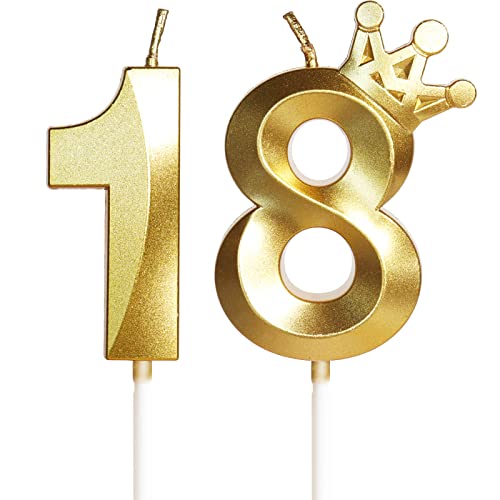 18th Birthday Candles for Cake, Number 18 Gold Candles with Crown, 3D Design Birthday Cake Topper for Boy Girl Women Men Birthday Party Wedding Anniversary Celebration Decorations Supplies