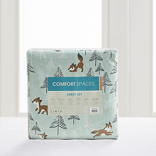 Comfort Spaces Cotton Flannel Breathable Warm Deep Pocket Sheets with Pillow Case Bedding, Queen, Seafoam Foxes 6 Piece