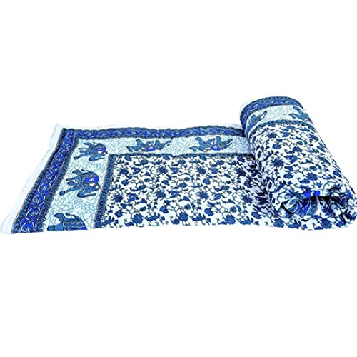 THROW KING Rajasthani Traditional Cotton and Jaipuri Elephant Printed Floral Design Reversible Quilts (Single Bed)