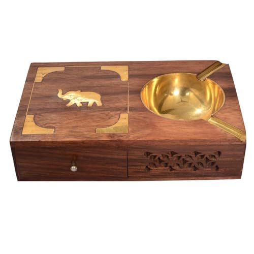 Zeguard Handicraft Wooden Ashtray for Home | Ashtray for cigarette stylish | Ashtray with Lid | Ashtray for Ash | Ashtray with Cigarette Storage Case Box Drawer - Brown & Gold