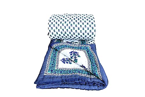 SVT Traditional Famous Jaipuri Beautiful Floral Print in Multi Blue mughal Print Jaipuri Rajai/Razai/Quilt King Size/King Size Bed Quilt/Comforter/AC Quilt/AC Comforter