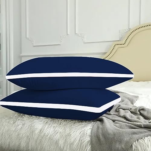 ADBENI HOME Gusseted Bed Pillow for Sleeping, Soft Touch Comfortable Feather Down Chamber, 20x30 Inch King U.S. Standard, Navy Blue-White (Set of 2)