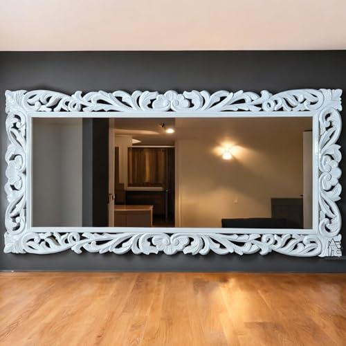 aesthetic decor Wooden Carved Wall Mirror Frame Solid Wood, | with Out Mirror | Crown Pattern ((5x2.5) White Deco