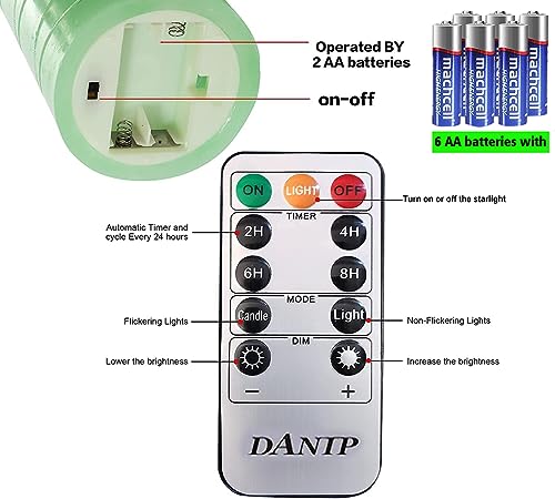 DANIP Green LED flameless Candle with Embedded Star String, 3+4-Piece Set of LED Candles, with 11 Button Remote Control, 24-Hour Timer Function, Flashing Flame, Real Wax, Battery Powered.