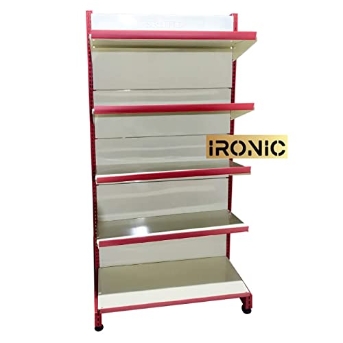 IRONIC Slotted Channel Rack | Grocery Rack | Multipurpose Adjustable Iron Rack for Kitchen, Shops and Book Shelf | Red & Ivory (Wall Rack 6FEET X 3FEET) 5 SHELFS (RED), Iron