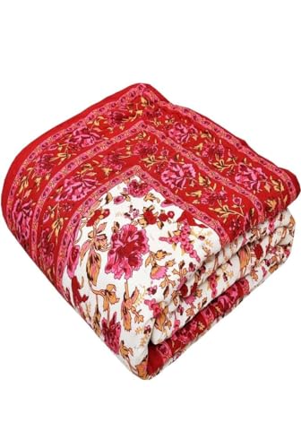 PINAARAS Interior Cotton Jaipuri Razai Single Bed Rajasthani Sanganeri Floral Print Quilt Blanket - Pink (Size - 55X85 Inches)