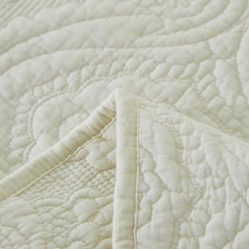 Brandream Quilt Set Cotton Queen King Size Bedspread Coverlet Set 100% Cotton Cream White Luxury Quilted Comforter Sets Damask Embroidery Lightweight