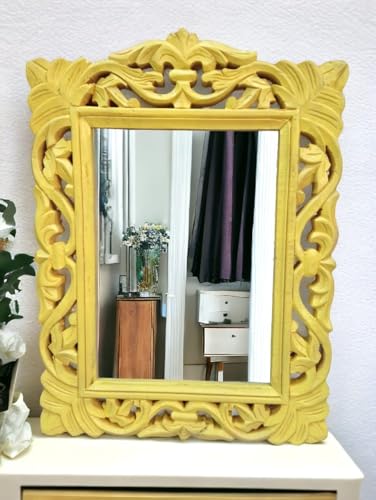 Taksha Decors Carved Wooden Frame Mirror | Intricate Wooden Carving | Yellow | 12 inches