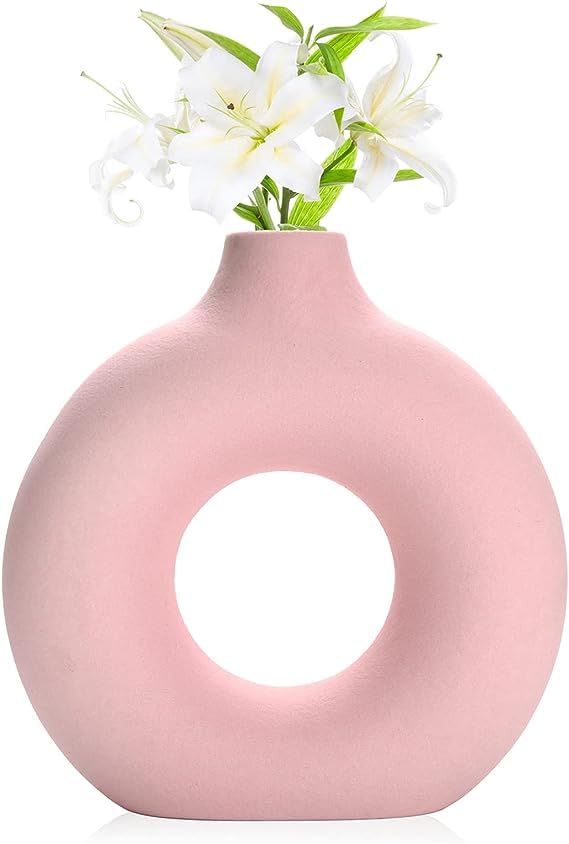 Trisha Decor Pink Vase/Flower Vase/Pampas Grass Vase/Ceramic Vase/Round Shaped Vase/Home Decor Centrepiece/Decor Showpiece Donut Vase 8 Inches